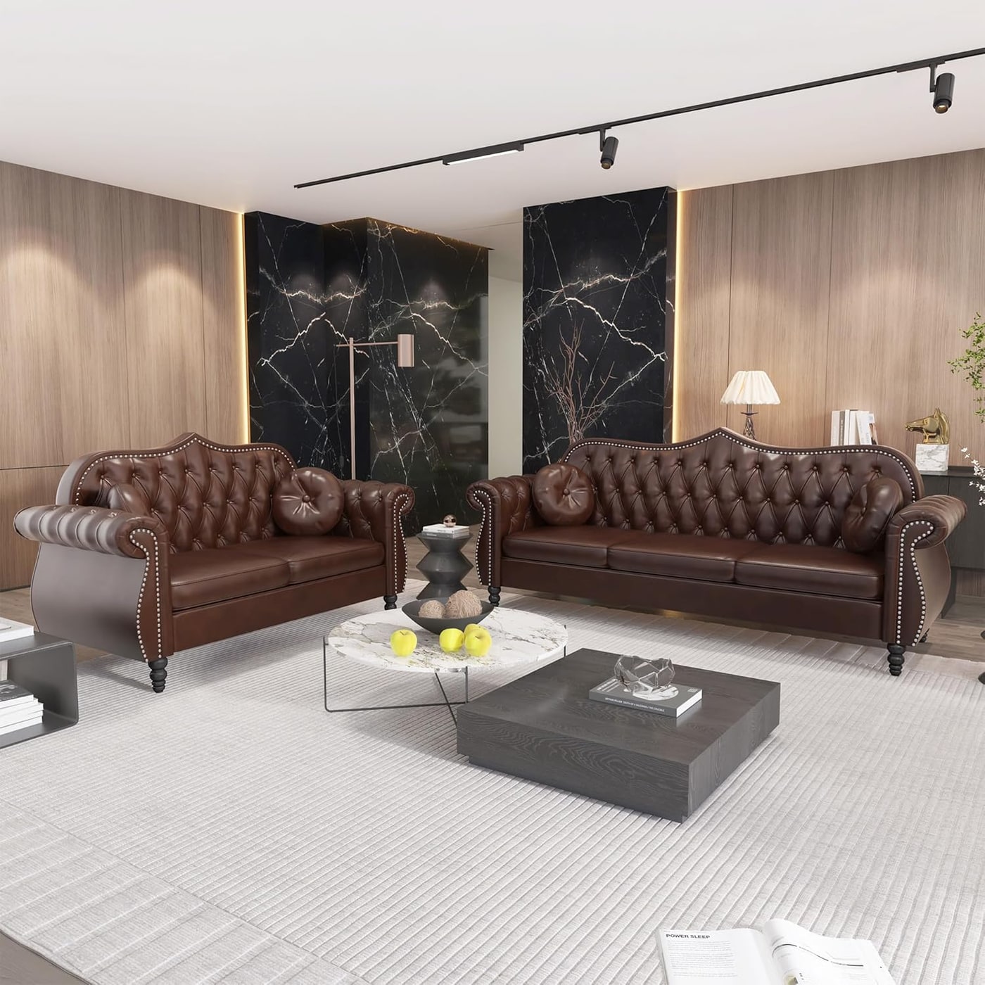 Chesterfield Tufted Sectional Sofa Set in Brown