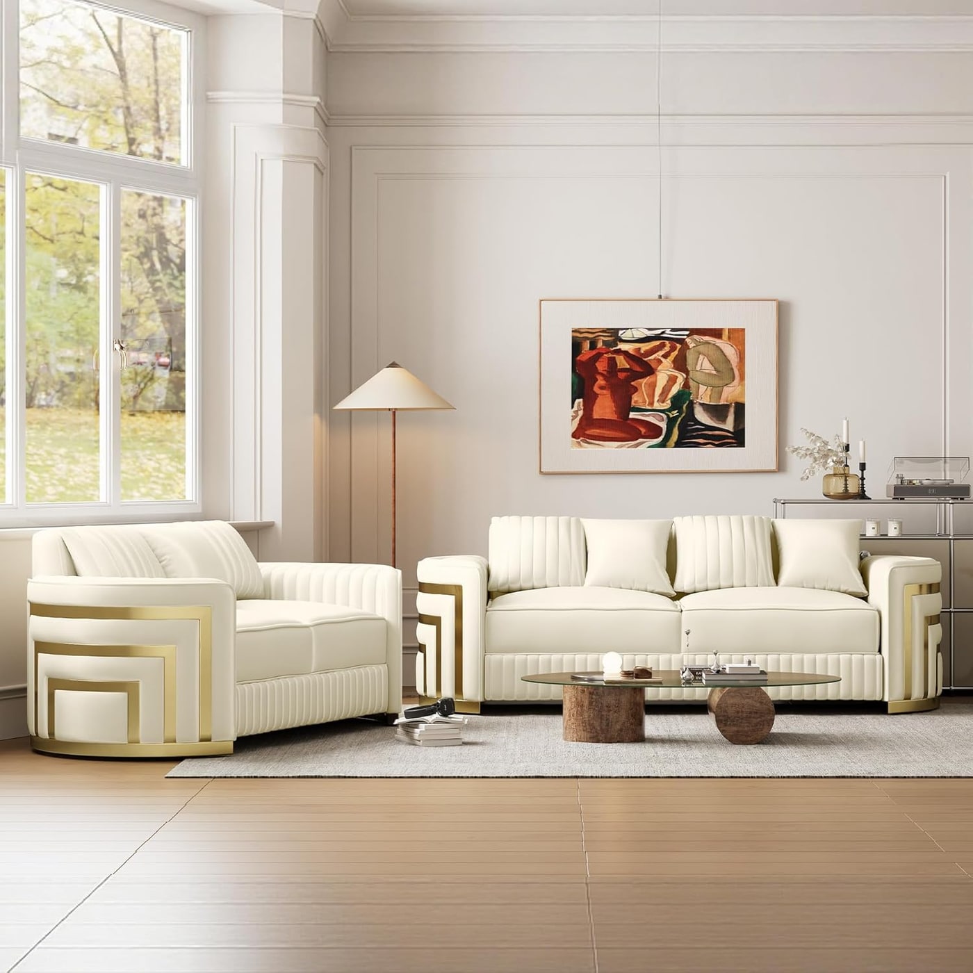 Two-Piece Tufted Velvet Chesterfield Sofa and Loveseat Set - Beige White
