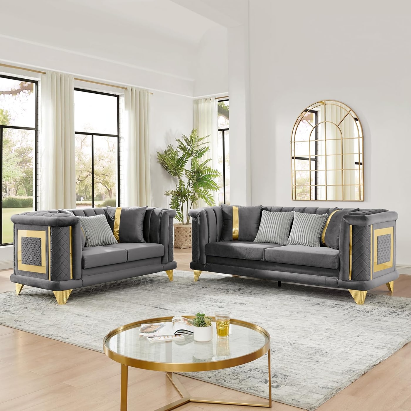 Modern Chesterfield Velvet Sofa Set with Gold Legs - Photo 4