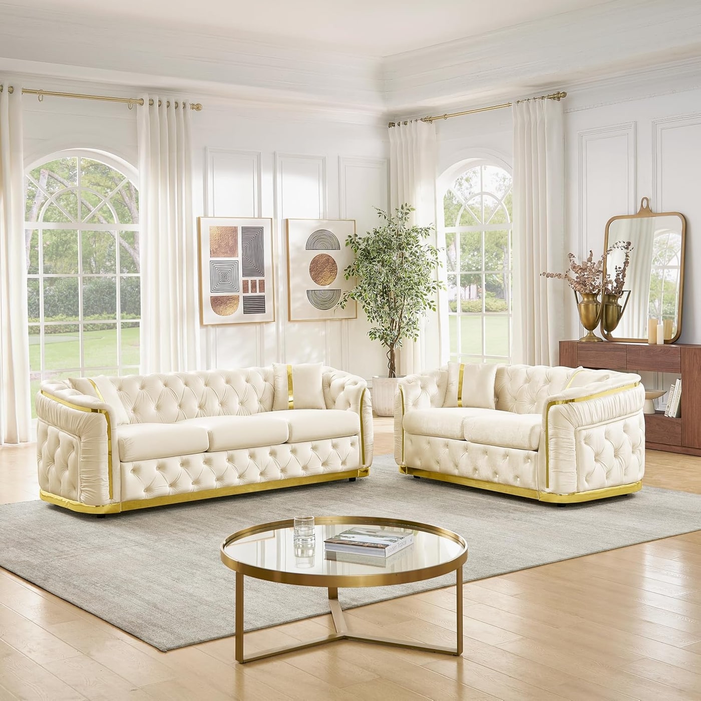 Modern Chesterfield Velvet Sofa Set with Gold Legs - Black