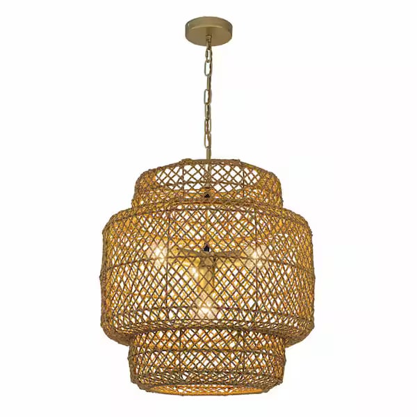 Clair 4-Light Tiered Rattan Pendant in Gold with Brown Woven Shade