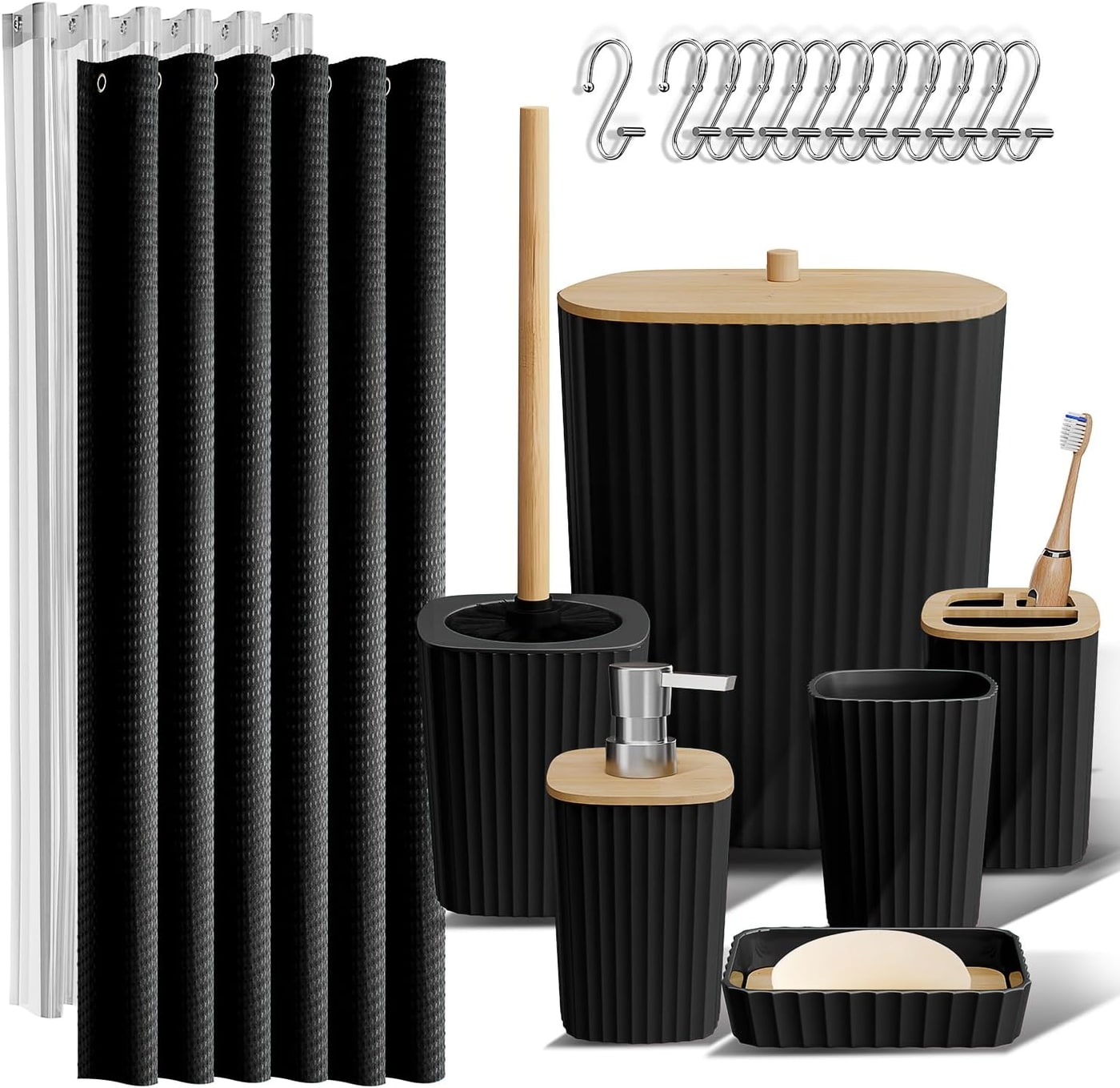 20-Piece Coordinated Bathroom Set with Bamboo Accents - Black