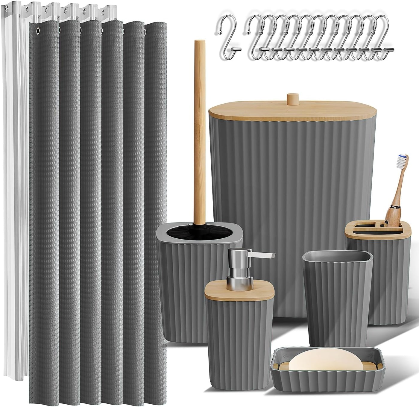 20-Piece Coordinated Bathroom Set with Bamboo Accents - Grey