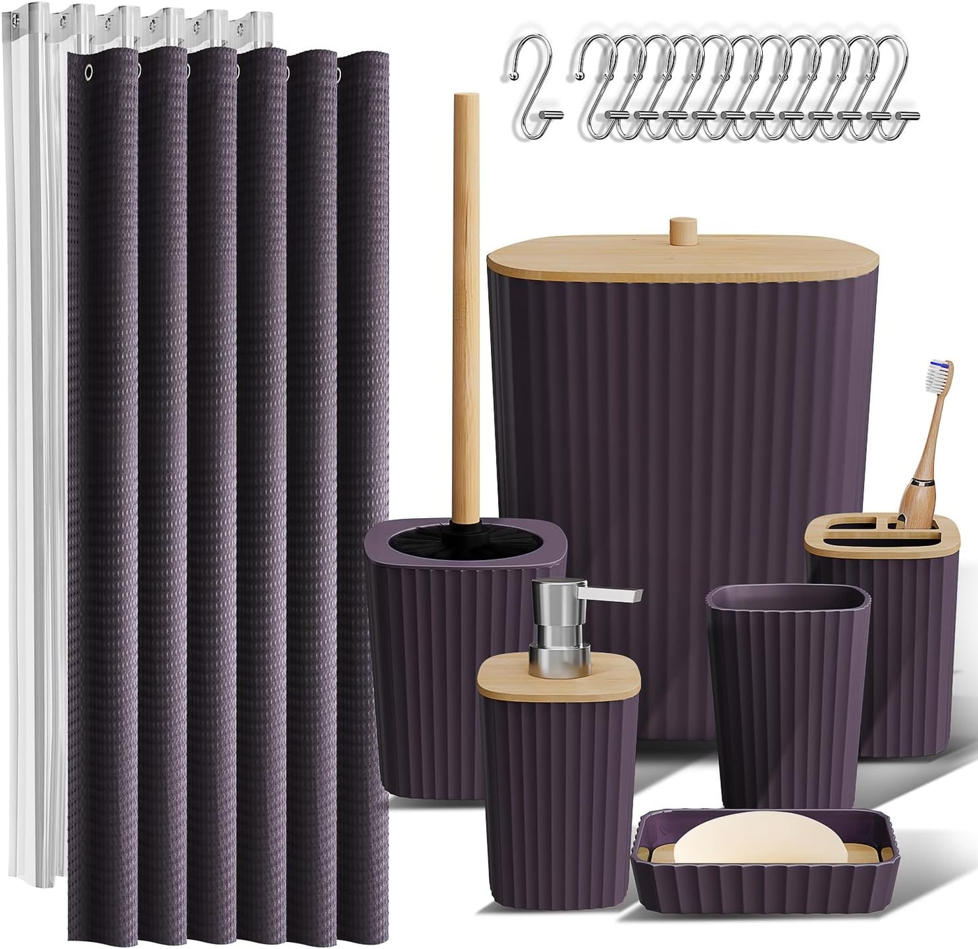 20-Piece Coordinated Bathroom Set with Bamboo Accents - Purple