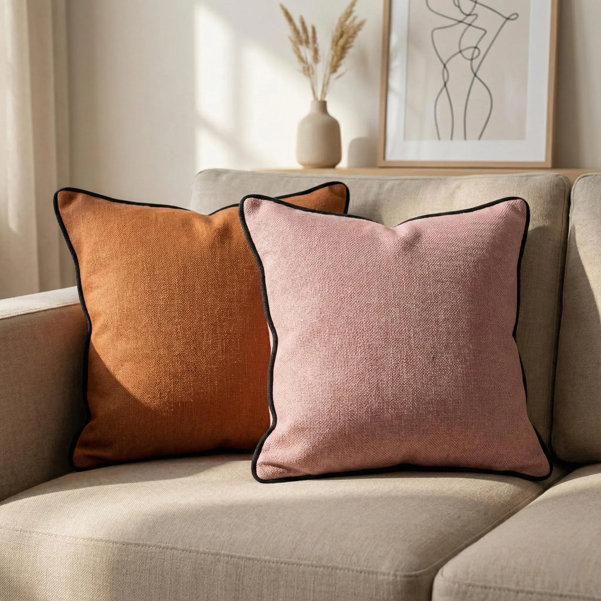 Corded Linen Pillow Cover with Contrast Piping - Burnt Orange
