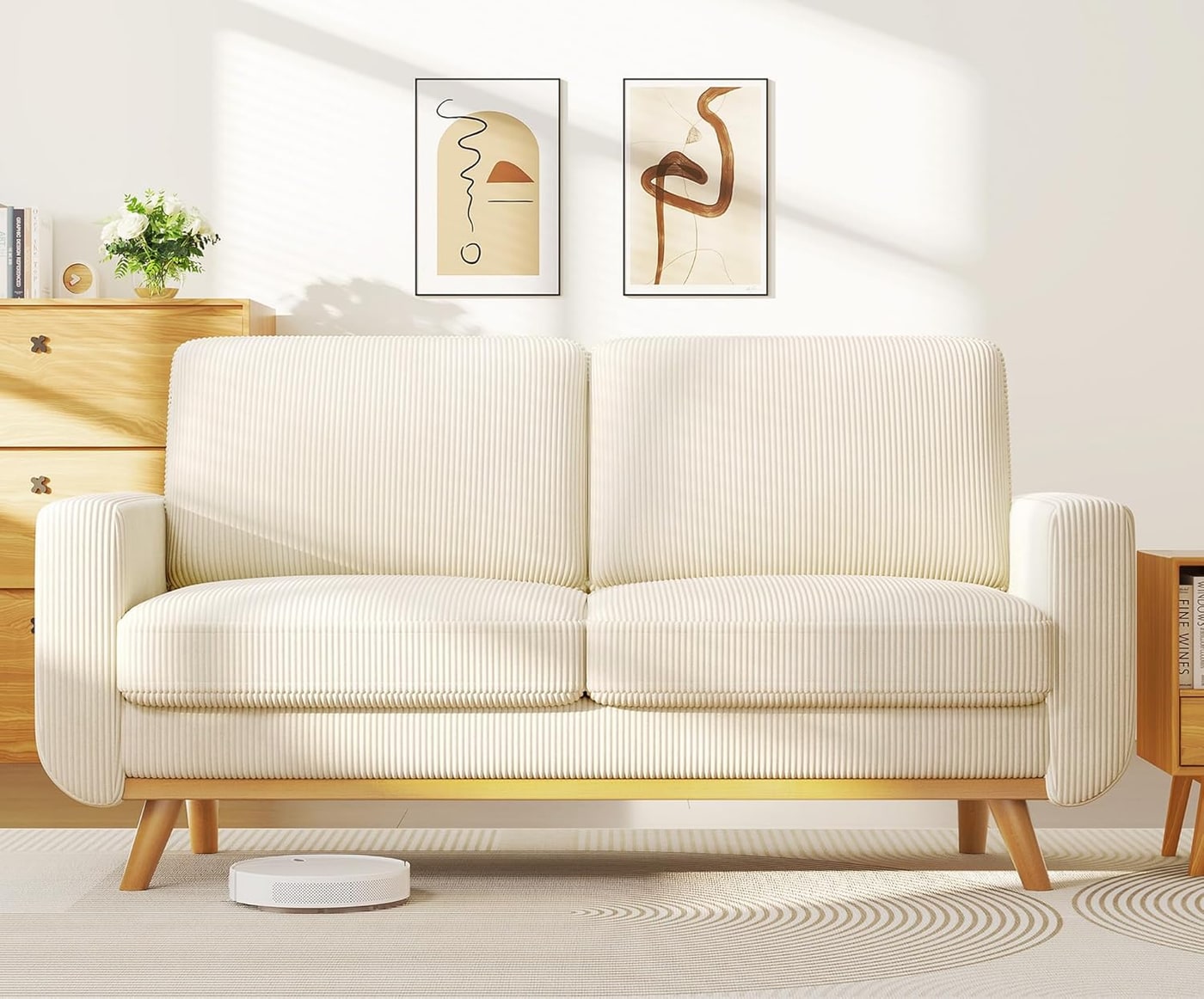 68" Corduroy Loveseat with Deep Seat - Beige / Oak Wood