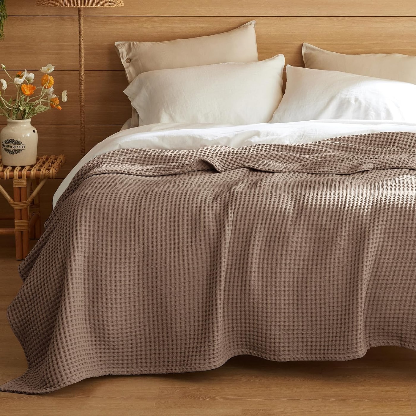 Lightweight Cotton Waffle Blanket - Coffee Brown