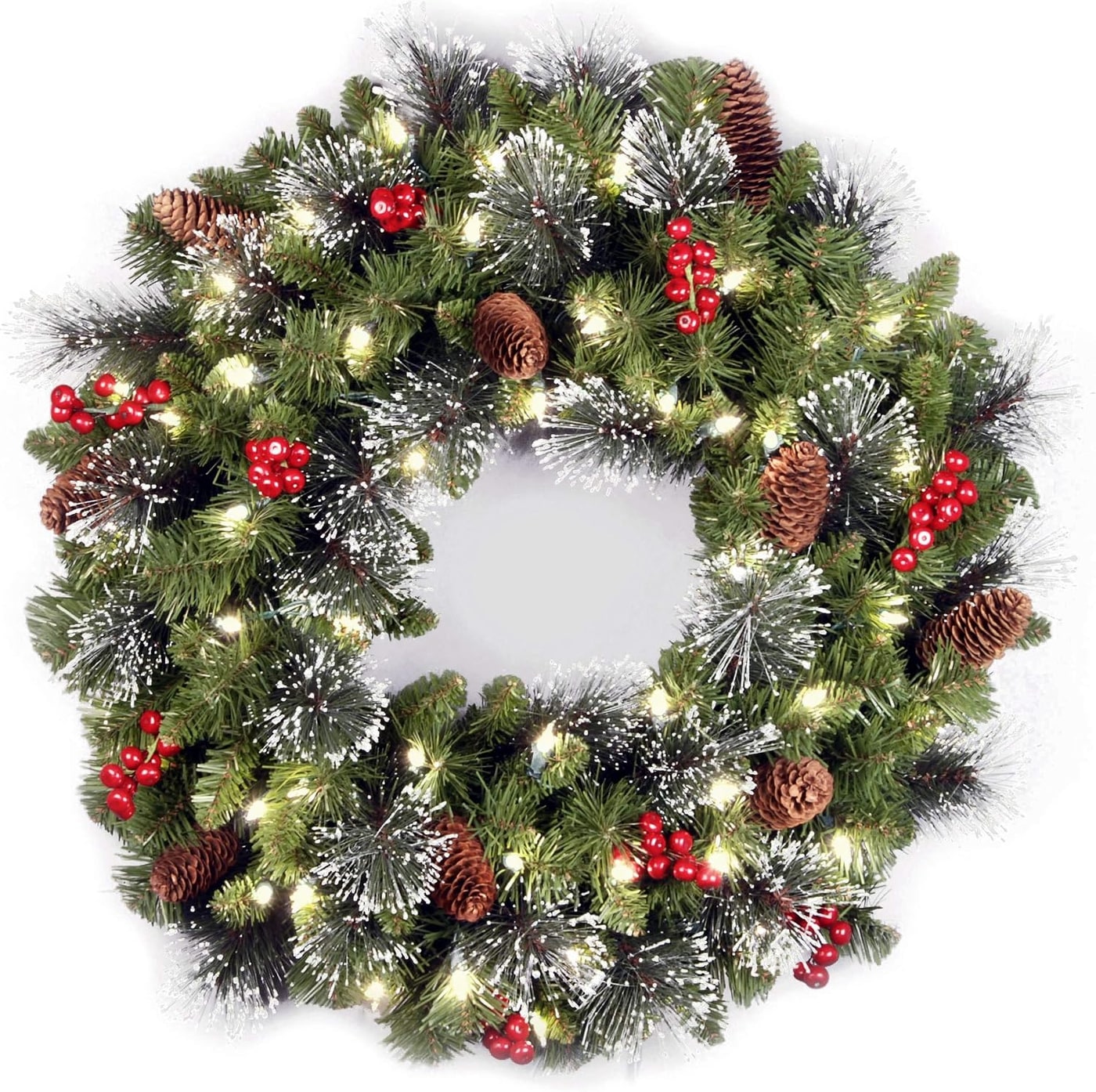 24-Inch Pre-Lit Crestwood Spruce Holiday Wreath - Flocked Mixed Decorations