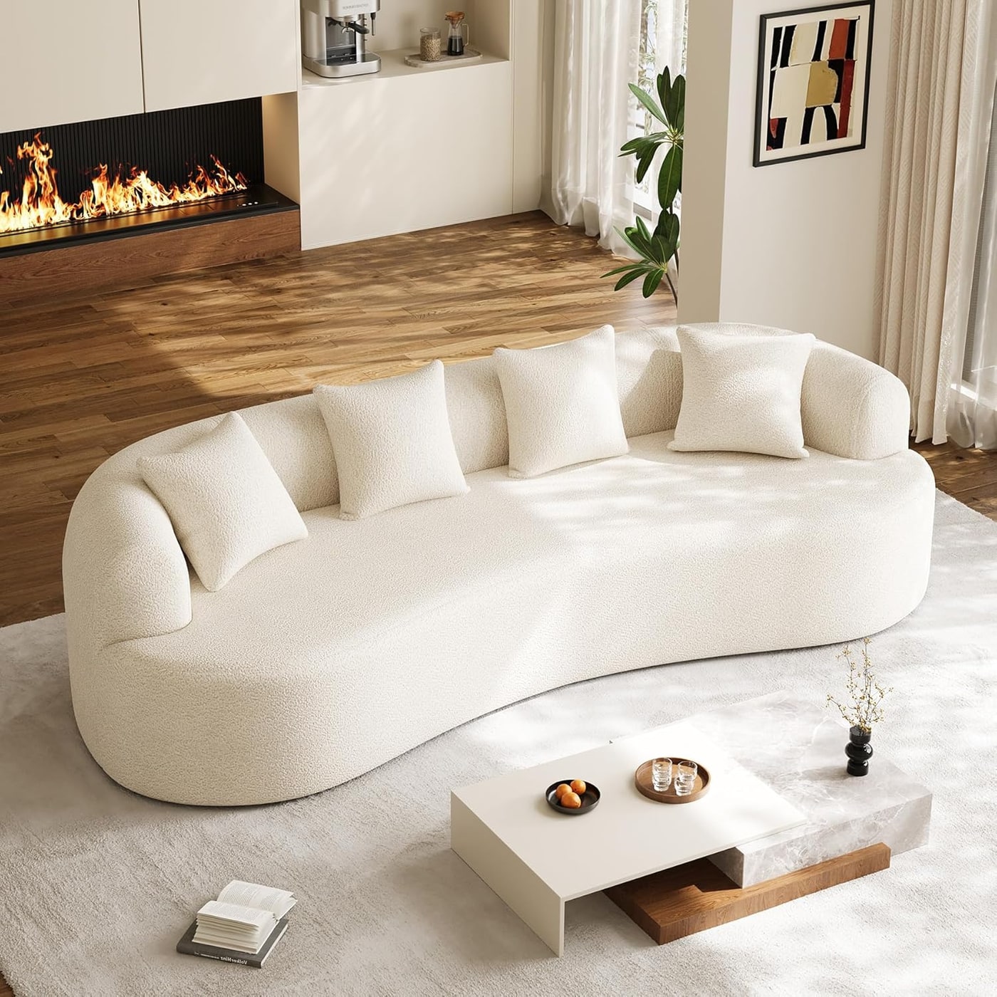 Curved Chenille Cloud Sectional Sofa, Cream White