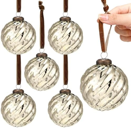 Embossed Mercury Glass Ball Ornament Set, 6 Pieces - Champagne Gold