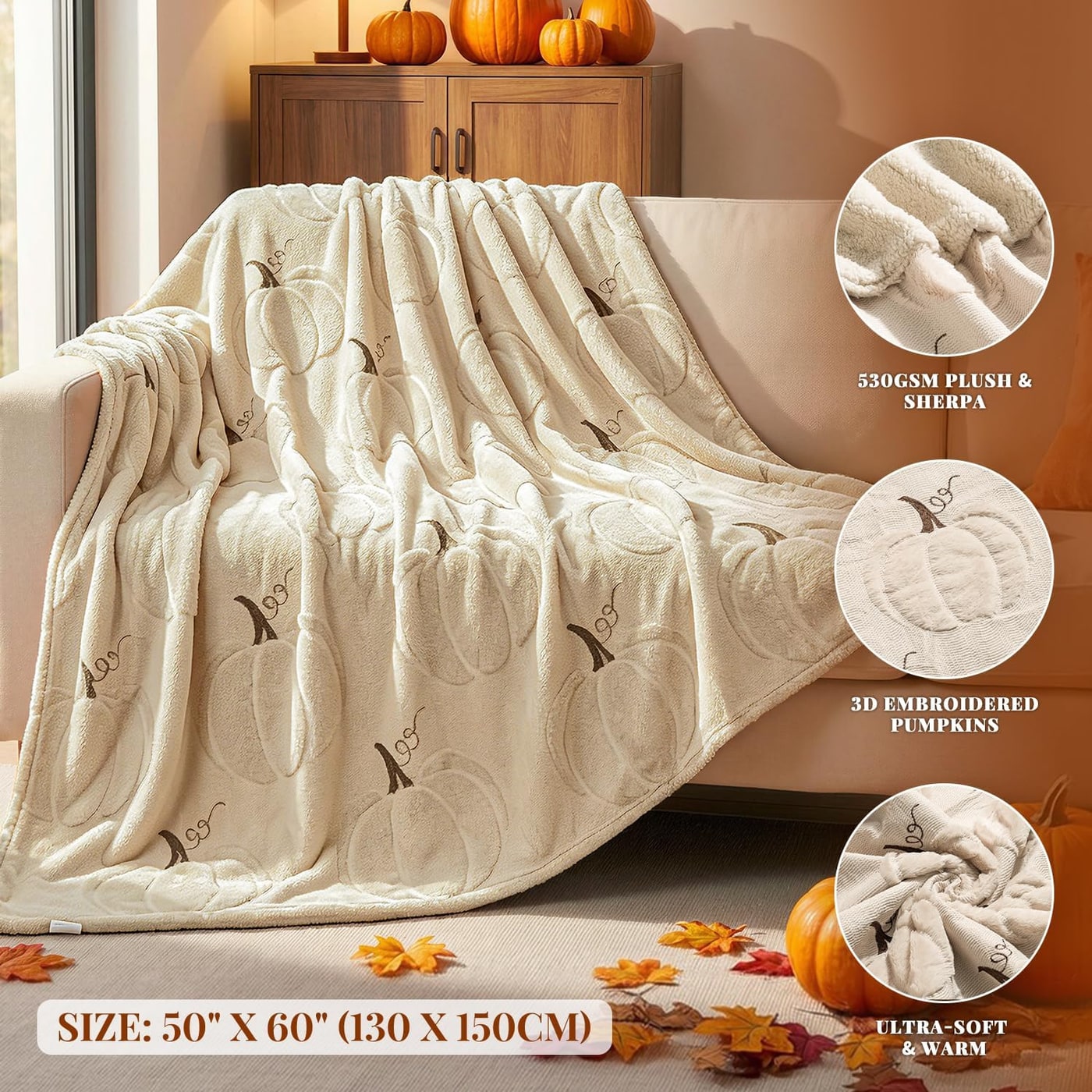 Embroidered Pumpkin Sherpa Throw Blanket - Photo 2