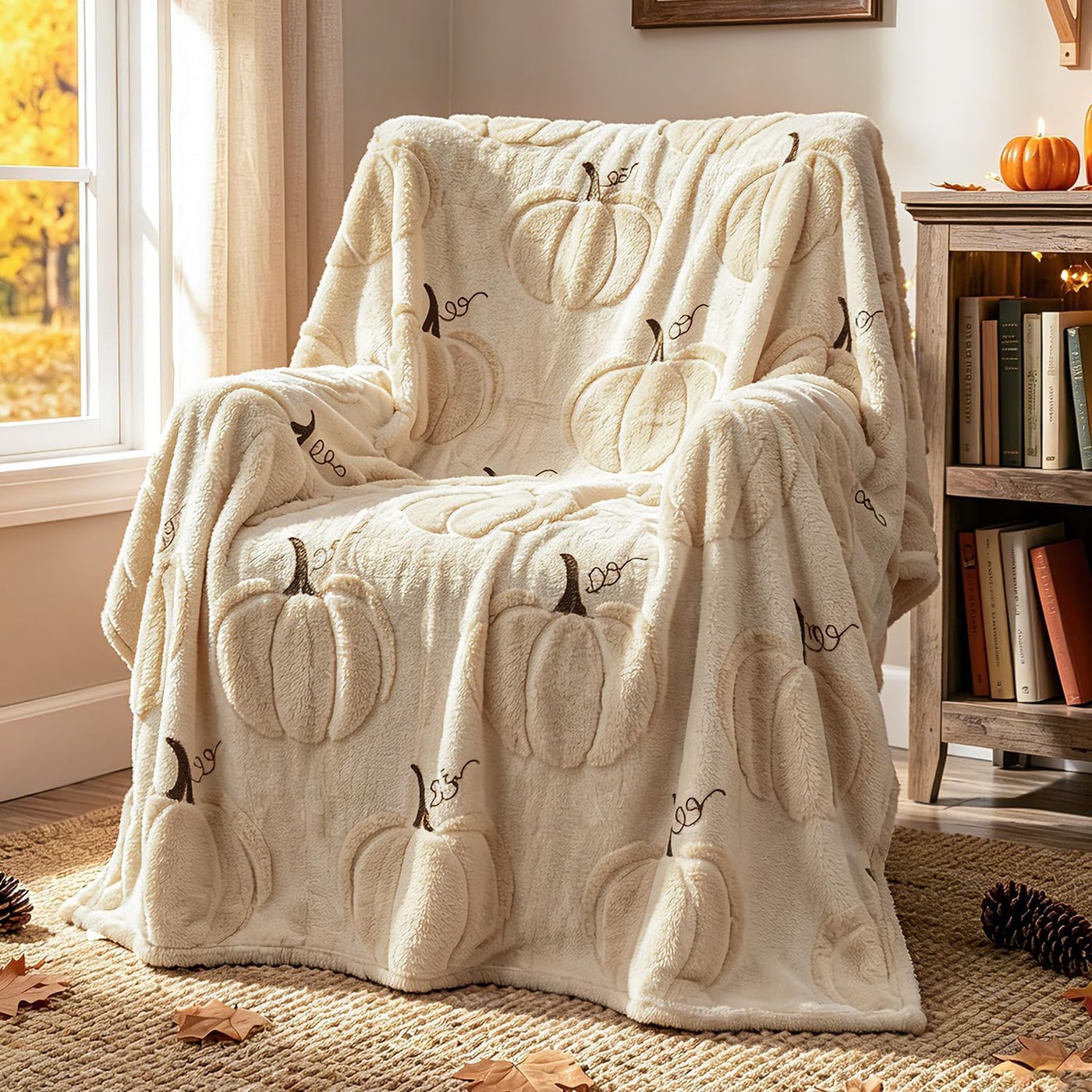 Embroidered Pumpkin Sherpa Throw Blanket - Beige