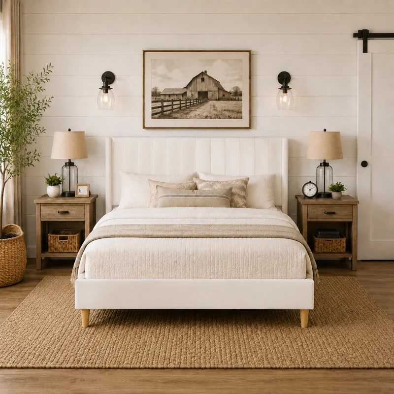 Eriksay Wingback Platform Bed - Cream Velvet / Full/Double