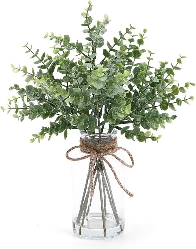 Eucalyptus Stems in Faux-Water Glass Vase - Sage Green