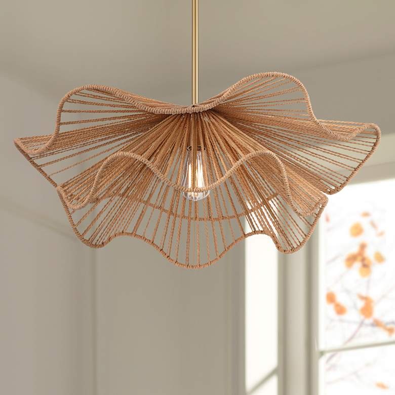 Coastal-inspired pendant light with a scalloped natural rope shade wrapped over a gold metal frame