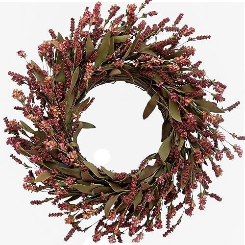 TEMPUS 20-inch artificial fall flower wreath with burgundy and muted green hues on a vine base