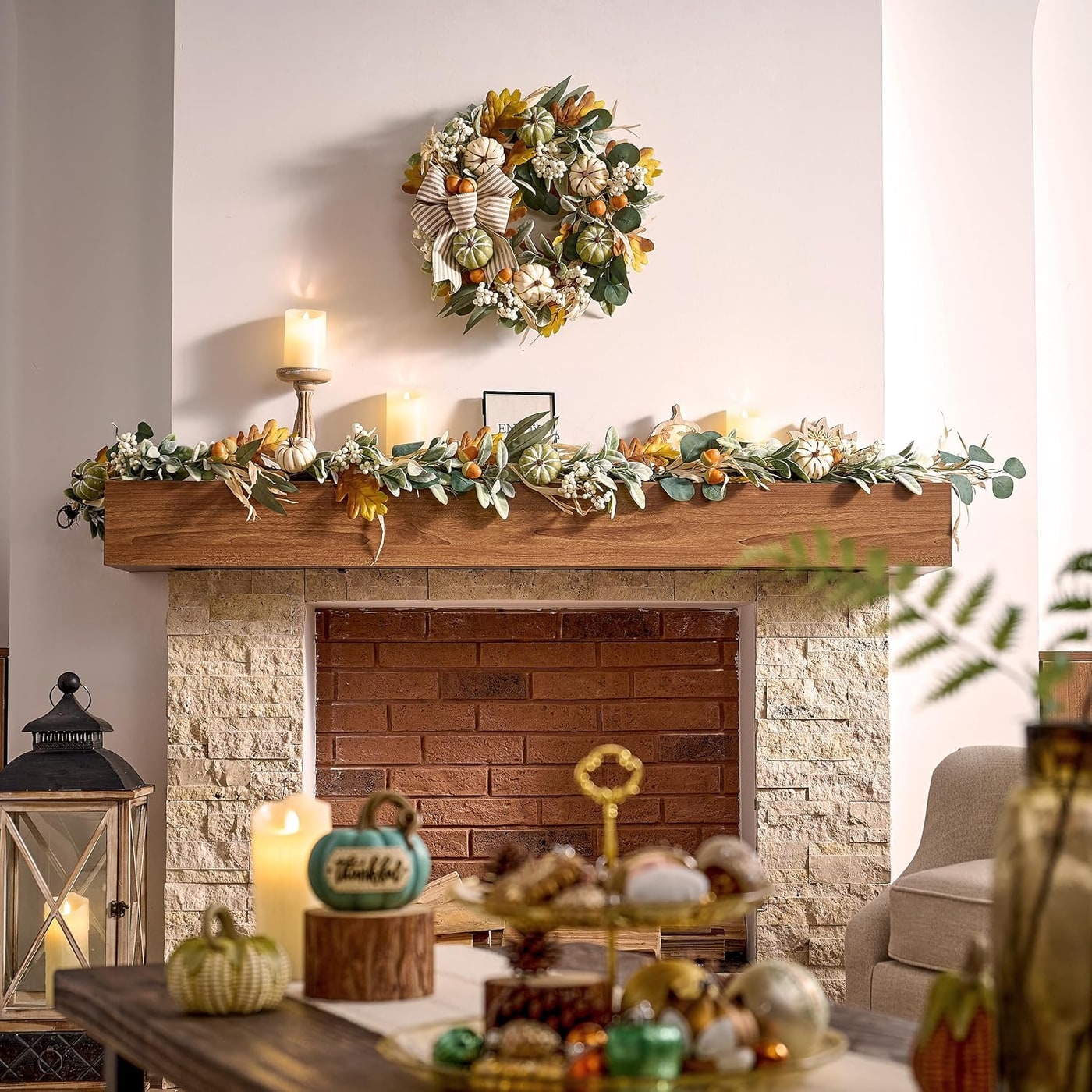 20" Fall Wreath with LED Lights and Pumpkin Bow - Photo 2