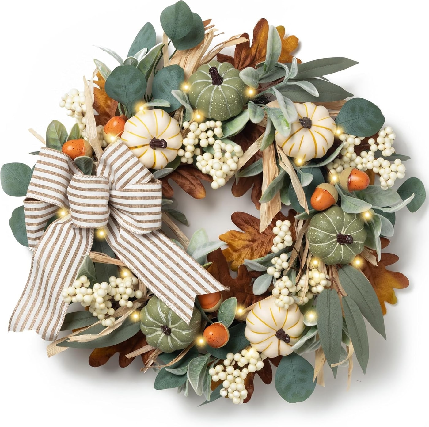 20" Fall Wreath with LED Lights and Pumpkin Bow - White/Green