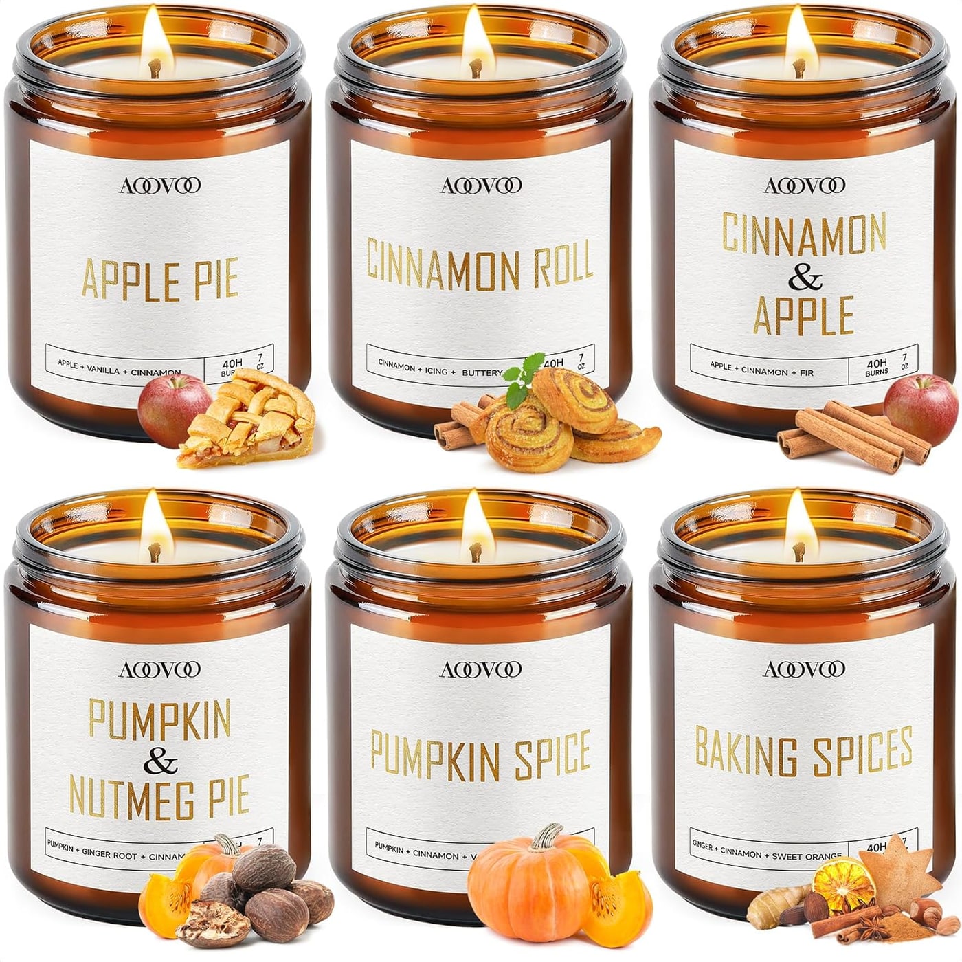 Six autumn-themed soy candles in glass jars with gold foil labels, arranged beside their festive gift box.