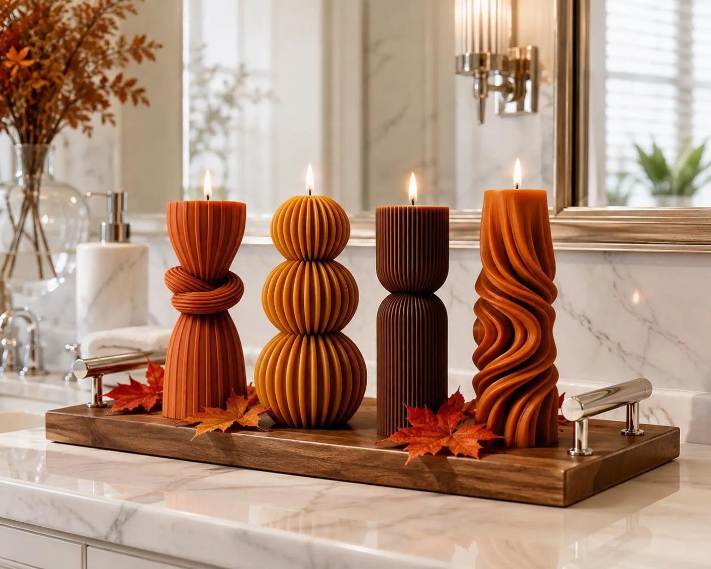 Sculptural Ribbed Fall Pillar Candle Set