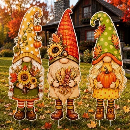 Set of six brightly colored fall-themed yard sign stakes styled outdoors featuring pumpkins, sunflowers, and maple leaves