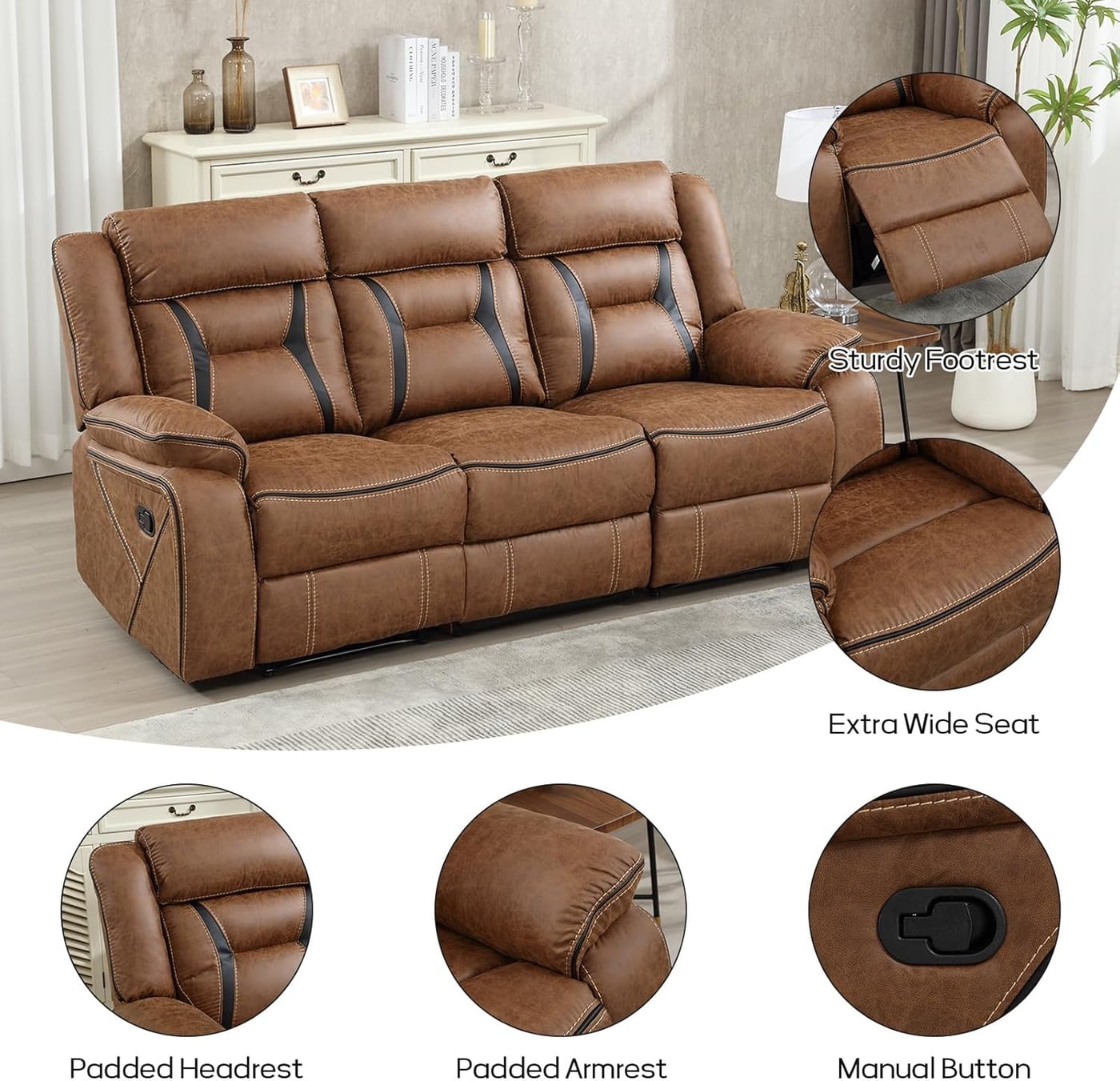Faux Leather Manual Recliner Sofa Set with Two Chairs - Photo 2