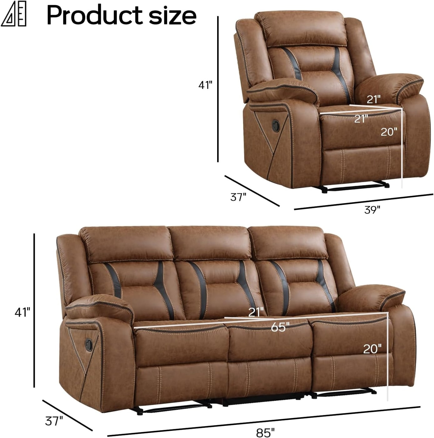 Faux Leather Manual Recliner Sofa Set with Two Chairs - Photo 3