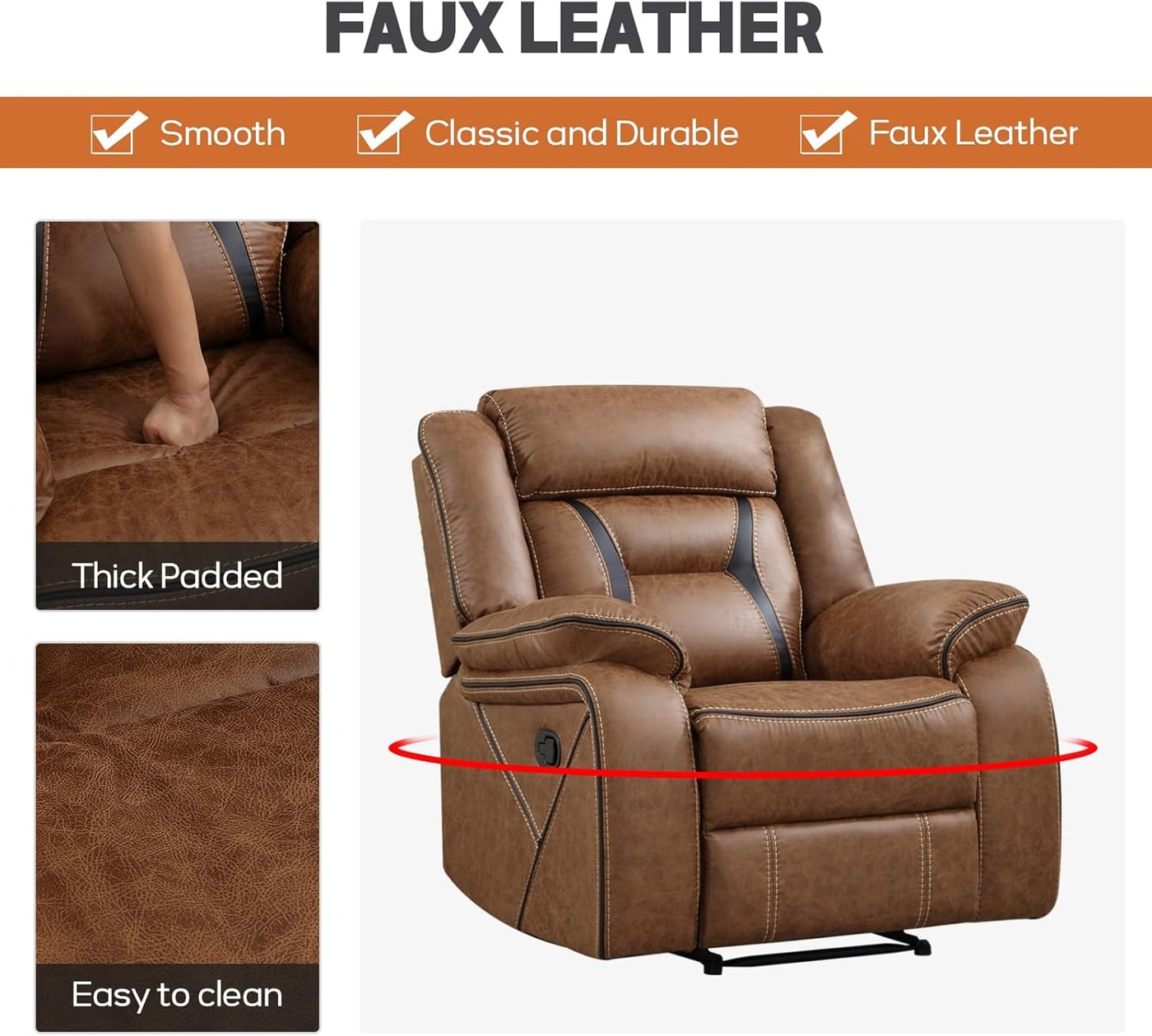Faux Leather Manual Recliner Sofa Set with Two Chairs - Photo 4
