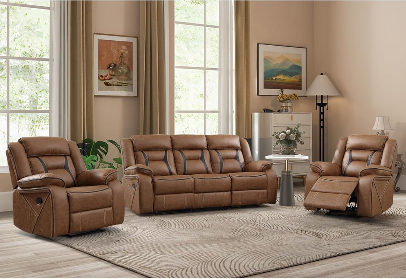 Faux Leather Manual Recliner Sofa Set with Two Chairs - Brown