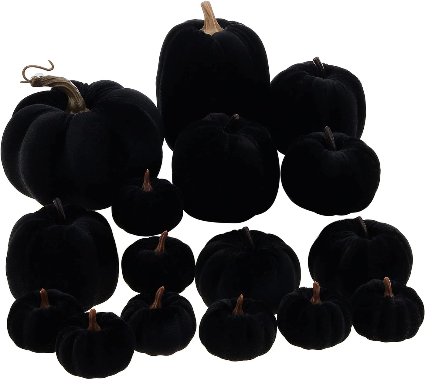 Set of sixteen black velvet pumpkins in assorted sizes with lifelike resin stems arranged on a surface