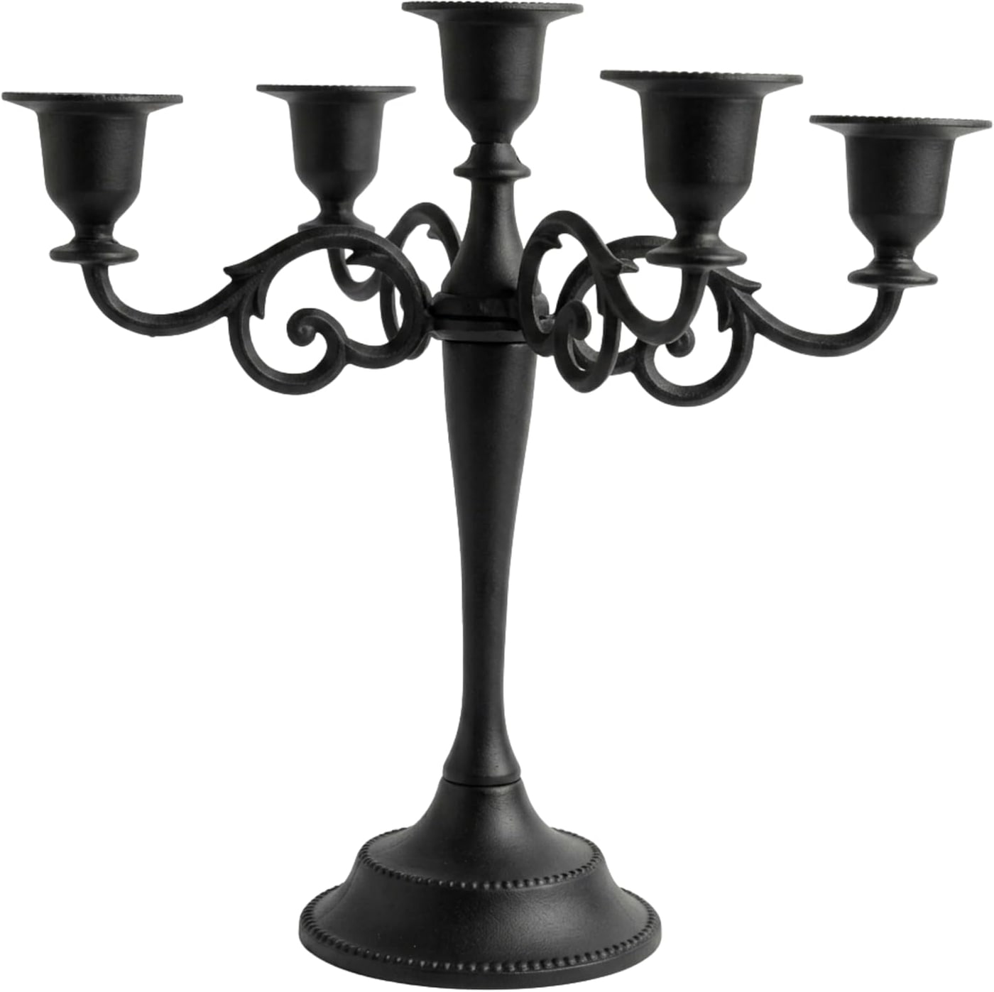 Five-arm powder-coated metal candelabra with matte black finish, shown holding taper candles on a wood table.