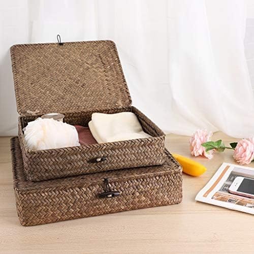 Set of 2 Flat Woven Seagrass Storage Baskets with Lids - Photo 3