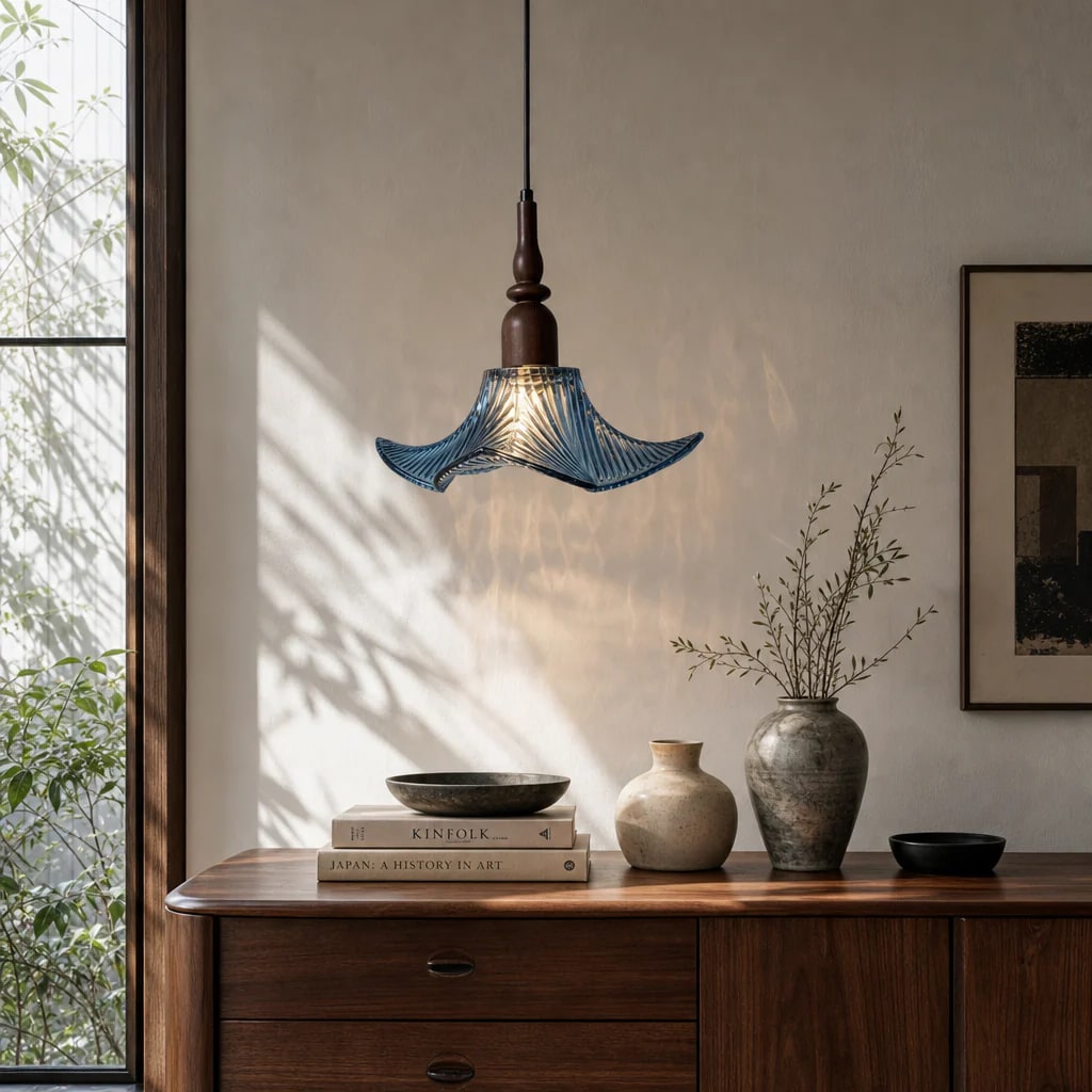 Floral Glass & Wood Pendant Light - Blue