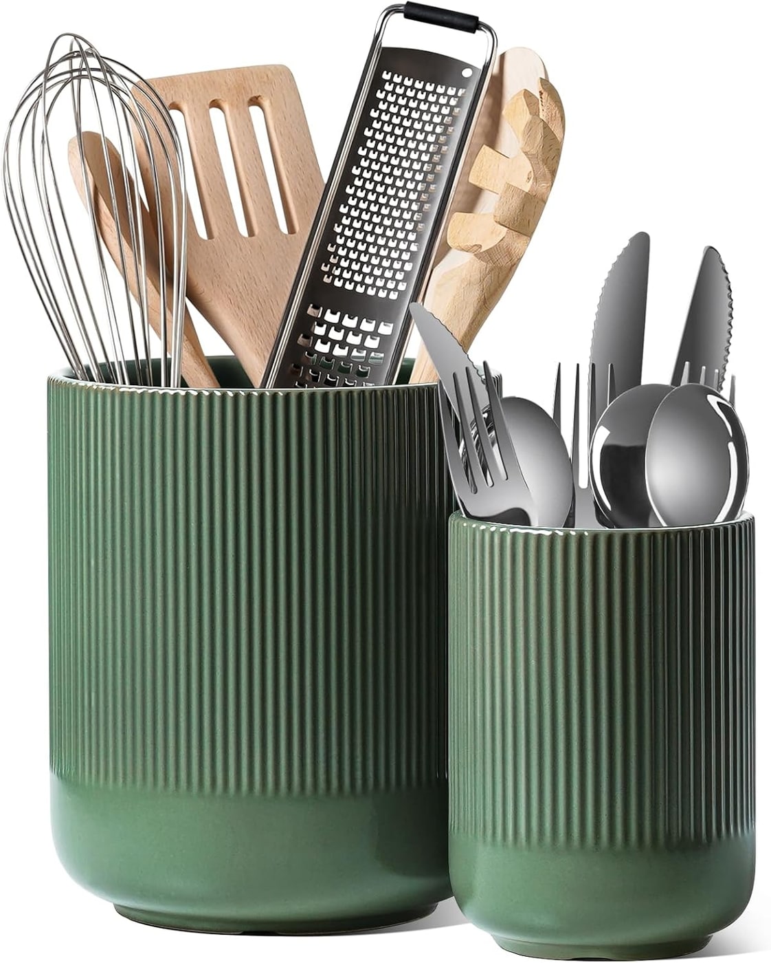 Fluted Ceramic Utensil Crock Set of 2 - Forest Green