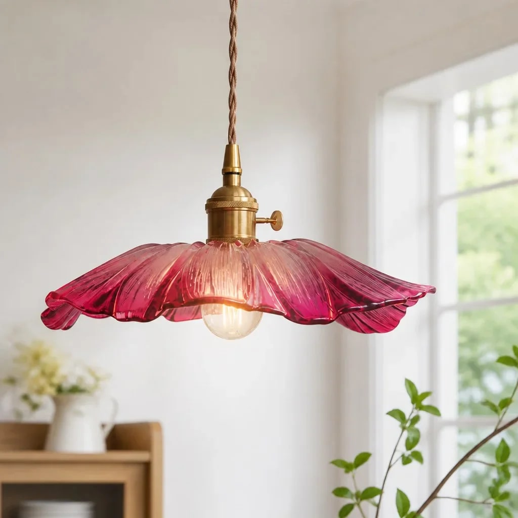 Flower-shaped fluted glass pendant light in purple with antique brass hardware