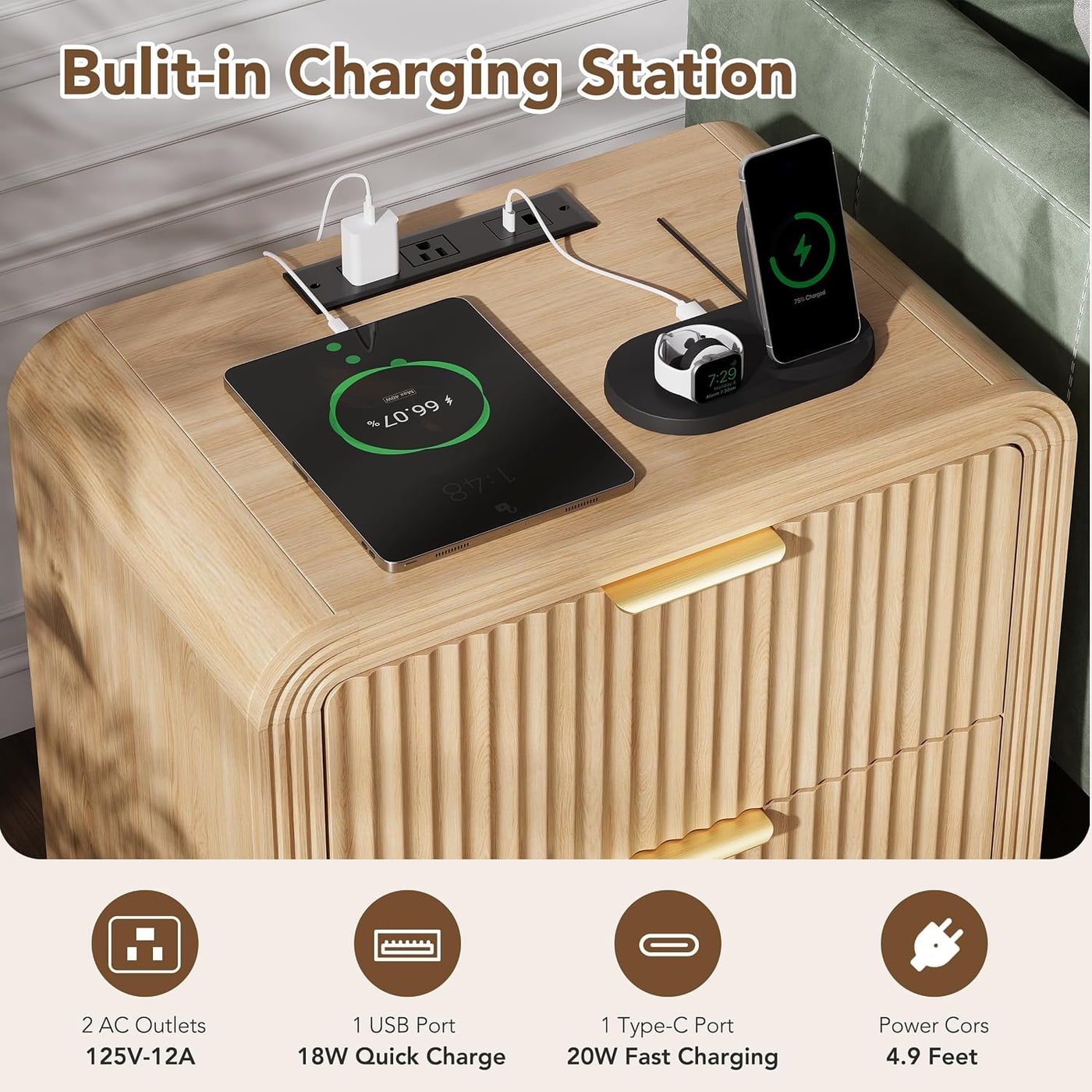23" Wide Fluted Nightstand with Charging Station - Photo 3