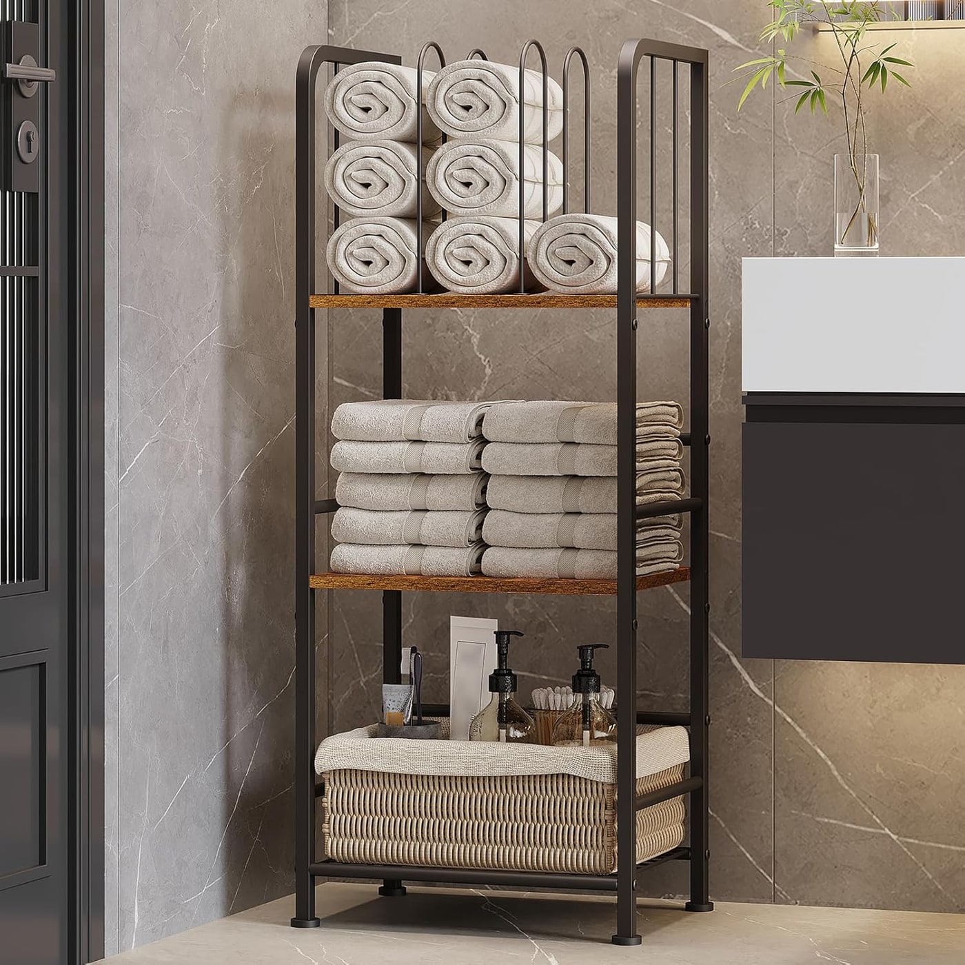 Freestanding 3-Tier Towel Rack with M-Shaped Dividers - Vintage