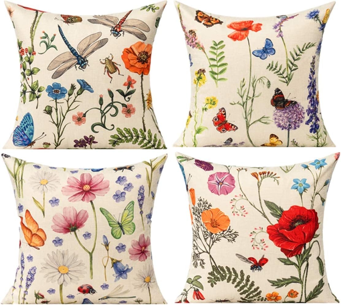 Set of four multicolor floral pillow covers with vintage butterflies and dragonflies, zippered and ready for outdoor use