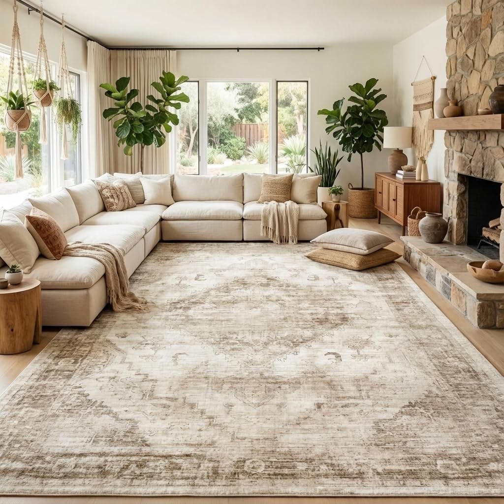 Faded medallion patterned area rug in beige and rust tones with a low pile and soft surface