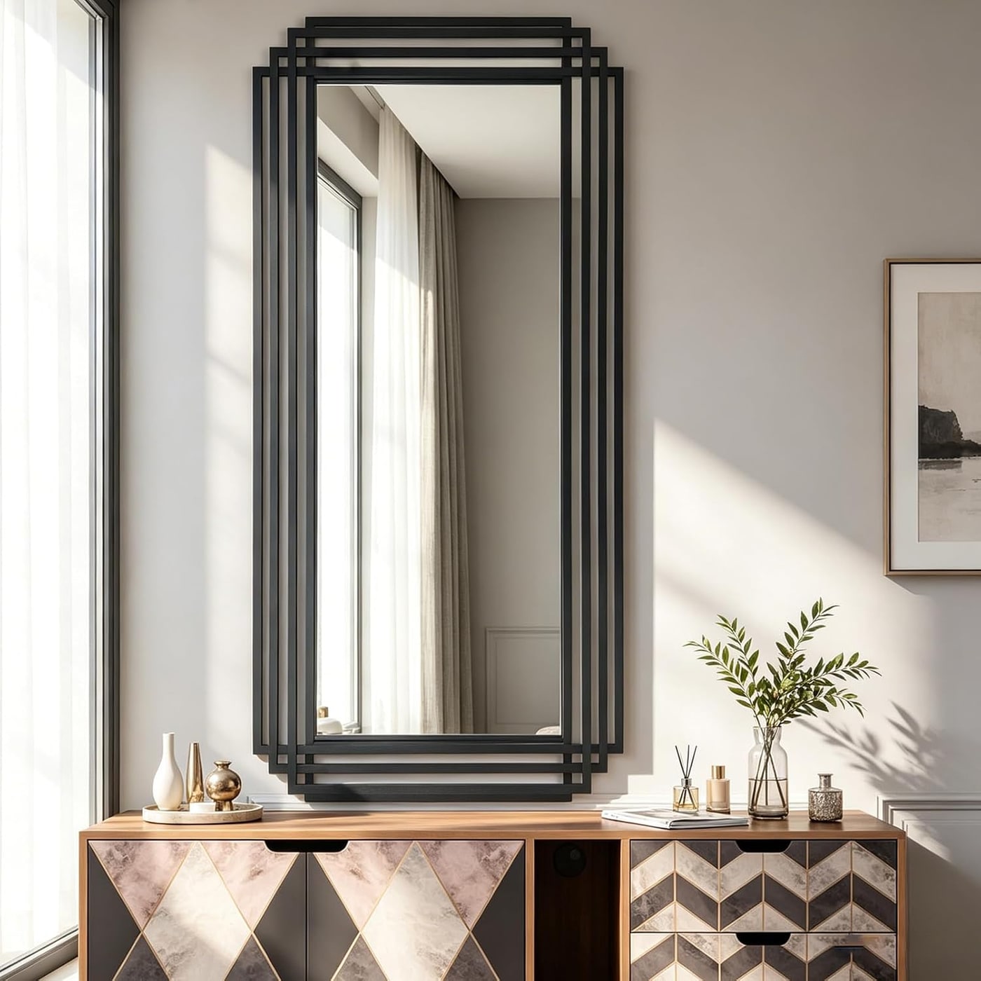 Large Art Deco wall mirror with a layered geometric black metal frame, hung horizontally above a console table