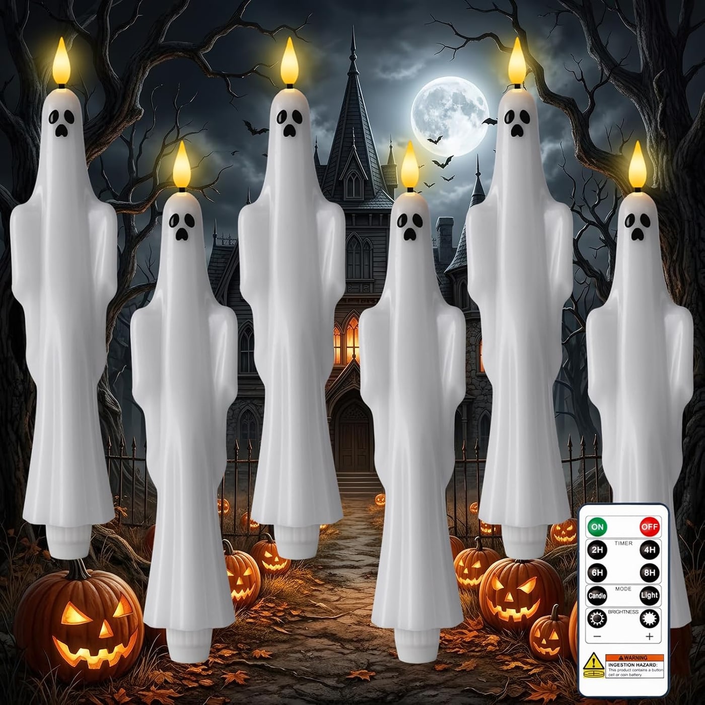 Six white ghost-shaped wax taper candles with LED flames, arranged upright with remote control nearby