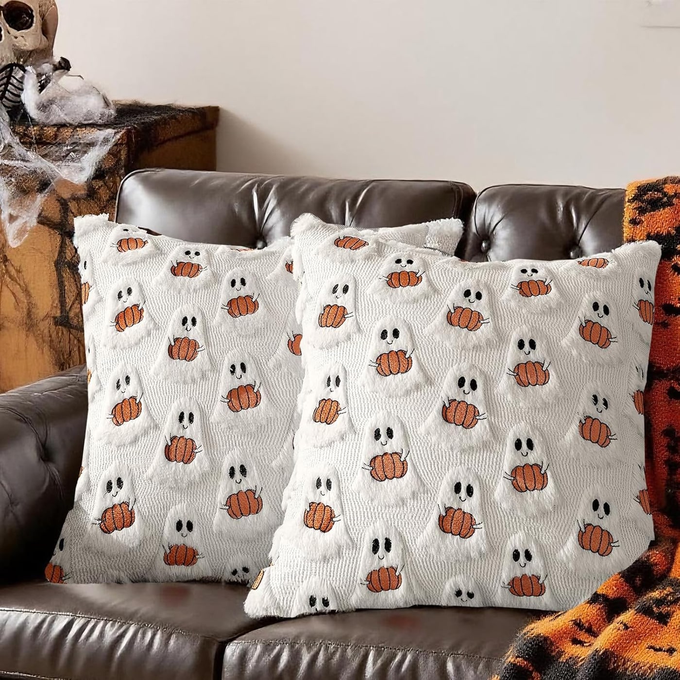 Plush Ghost & Pumpkin Throw Pillow Covers, Set of 2
