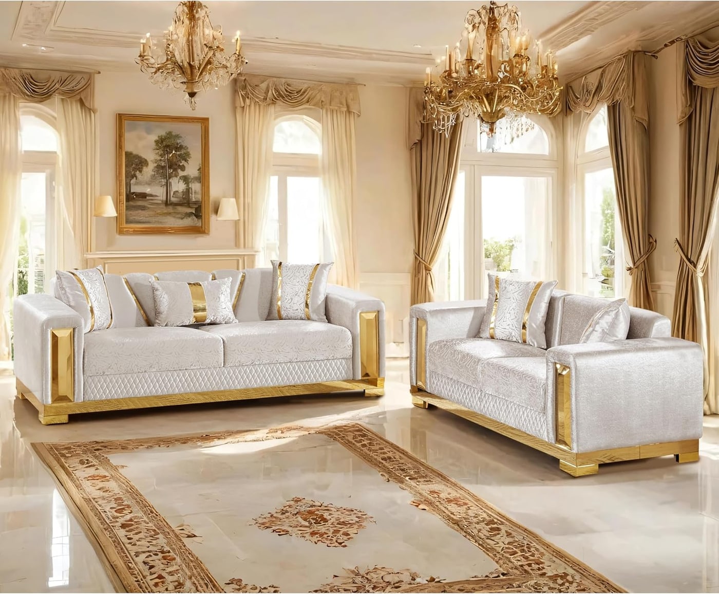 Two-Piece Glam Damask Sofa and Loveseat Set with Gold Base - Photo 2