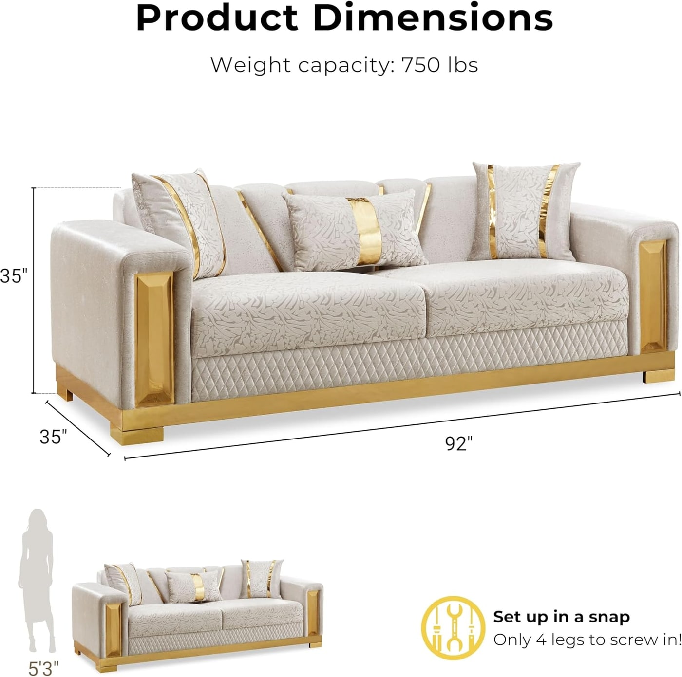 Two-Piece Glam Damask Sofa and Loveseat Set with Gold Base - Photo 3