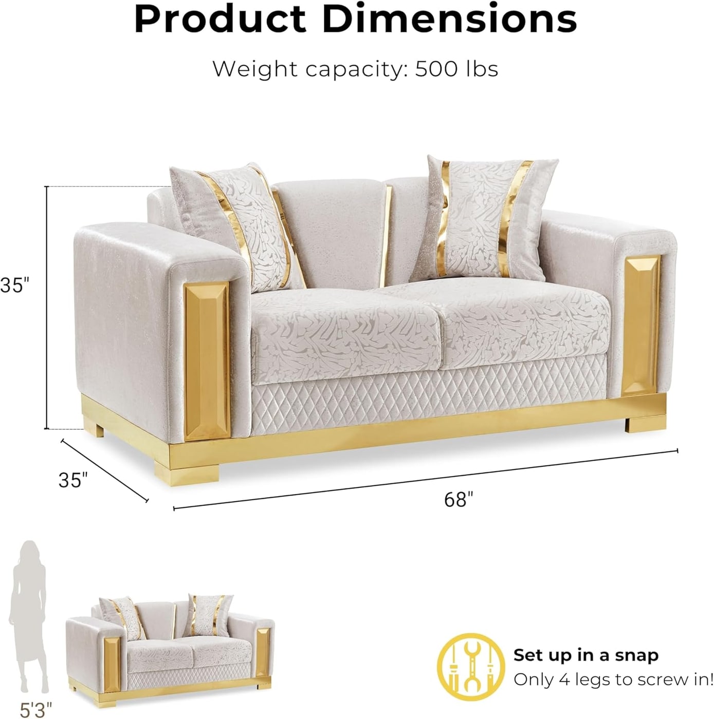 Two-Piece Glam Damask Sofa and Loveseat Set with Gold Base - Photo 4