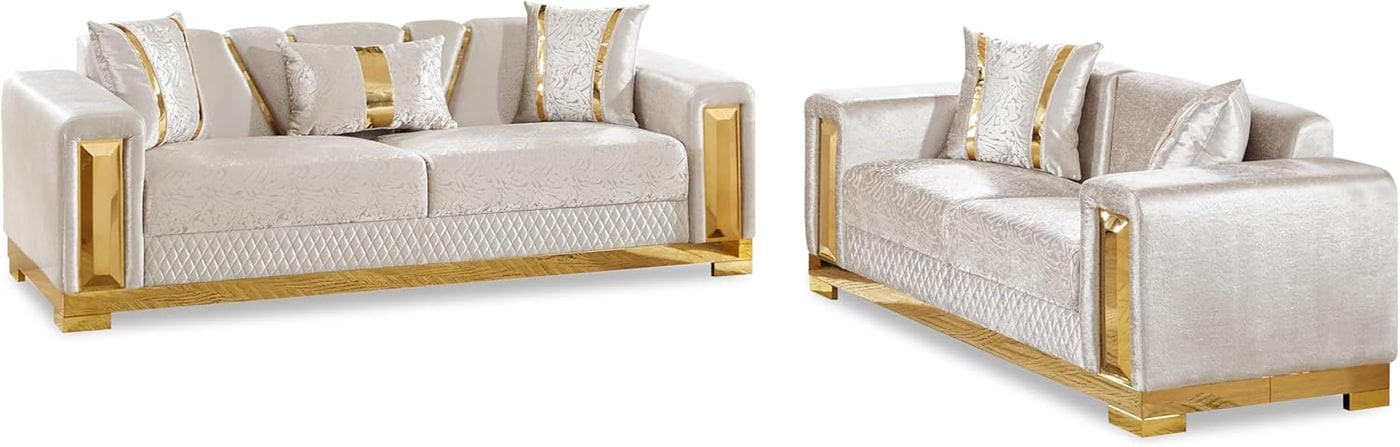 Two-Piece Glam Damask Sofa and Loveseat Set with Gold Base - Beige