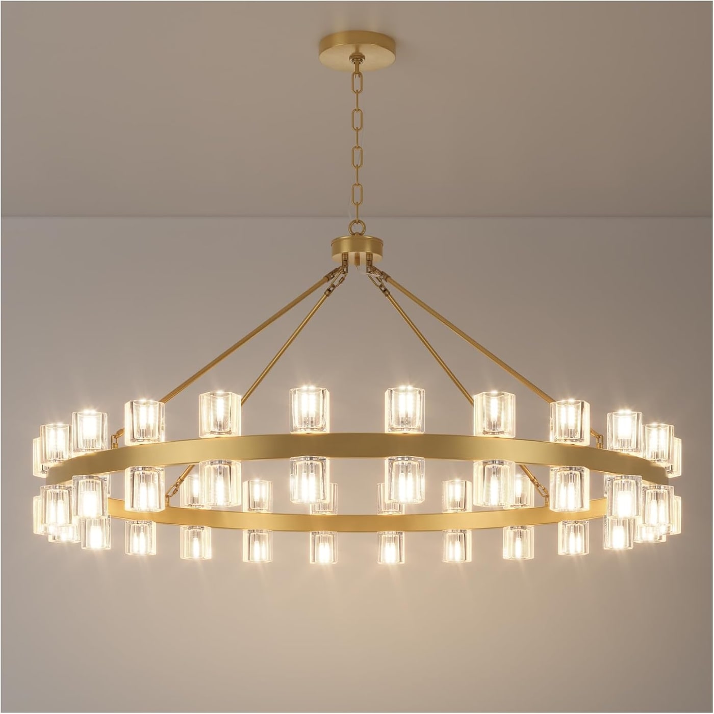 48-Inch Gold Wagon Wheel Chandelier with Crystal Shades - Gold