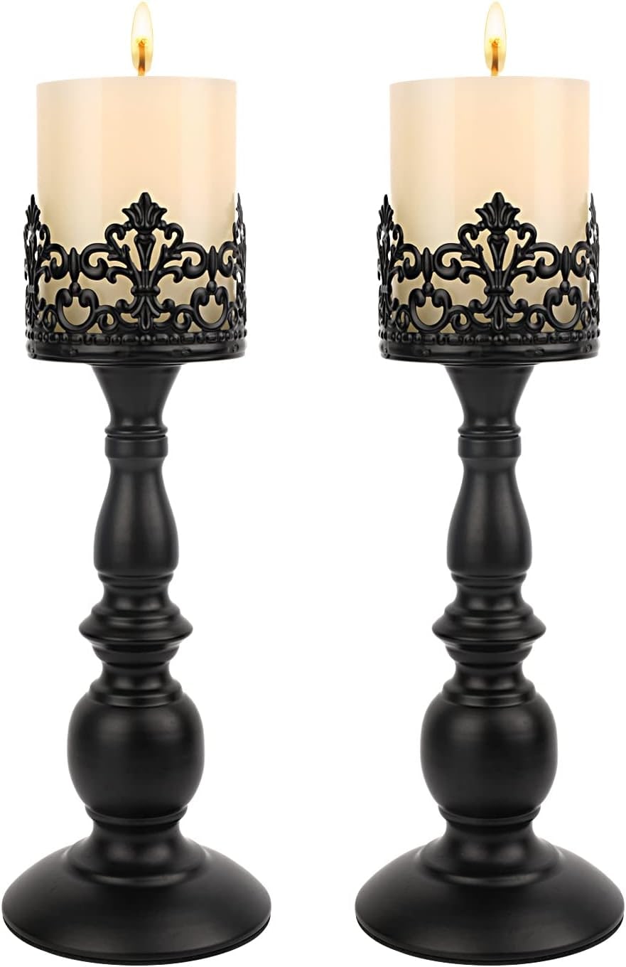 Vintage Gothic Crown Pillar Candle Holder Set of 2 - Black