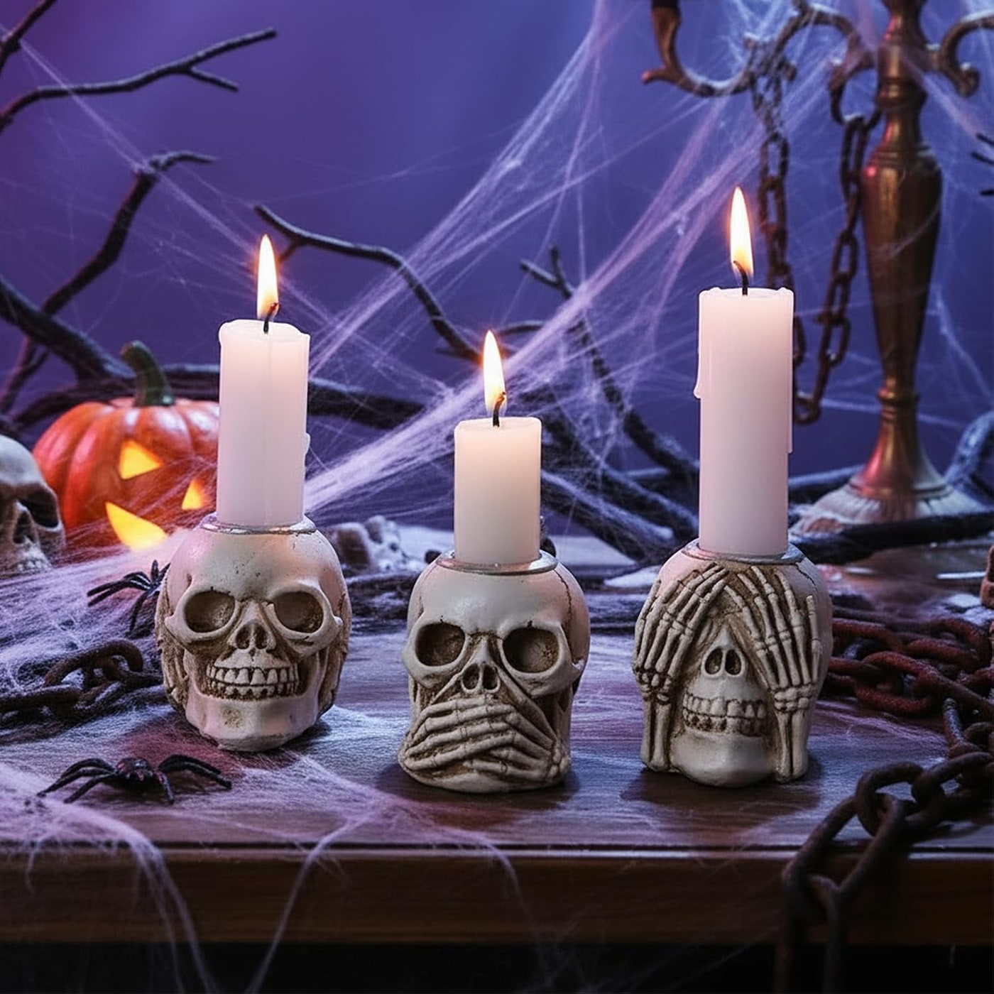 Gothic Skeleton Skull Tealight Holders, Set of 4 - White