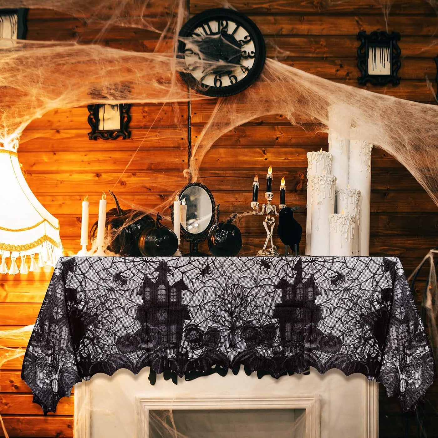 Black Lace Spider Web Tablecloth, Gothic Halloween - Photo 2